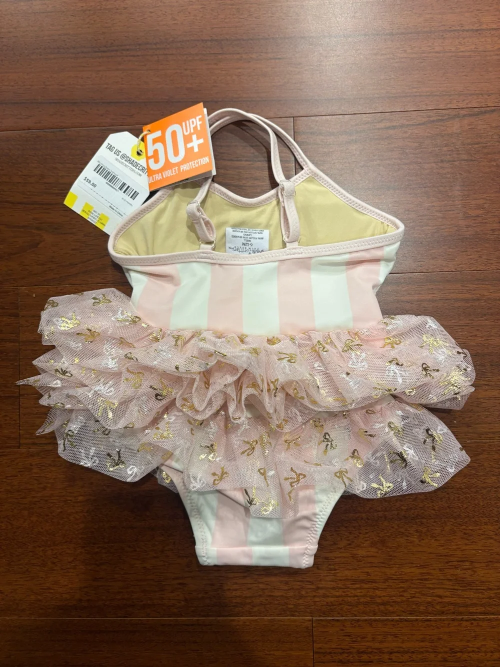 Pink & White Striped Tutu One-Piece Bodysuit with Gold Bow Accent